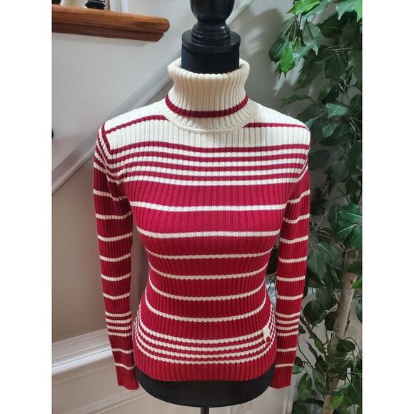 Loft Women's Red & Cream Cotton Turtle Neck Long Sleeve Pullover Knit Sweater XS - Picture 7 of 10